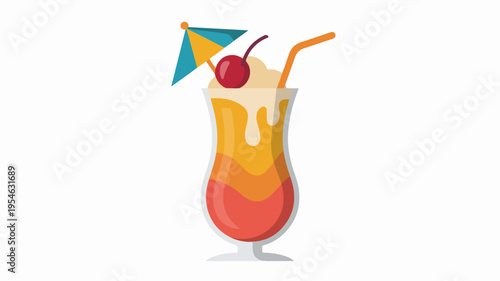A sleek vector icon of a frozen cocktail with umbrella and cherry served in a tall glass with orange and red layers on a white background