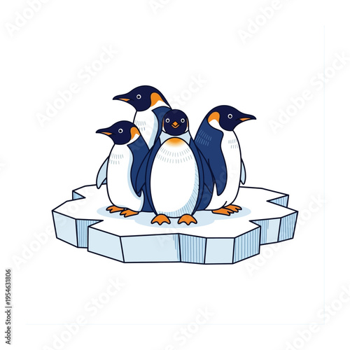 A cartoon illustration of four penguins standing together on a floating ice floe.