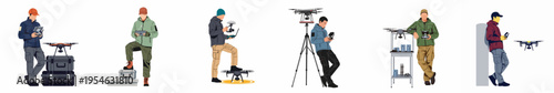 Set of professional drone pilots in various poses with equipment such as quadcopters, controllers, and protective cases, depicted in a flat vector style.