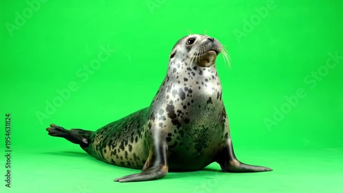 A curious spotted seal posing on a bright green background, looking towards the camera with its whiskers prominent