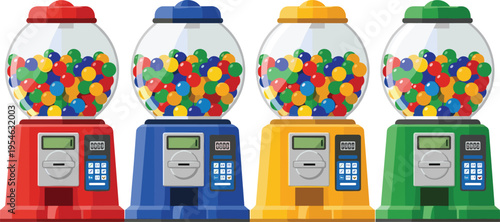 Gumball vending machines vector set featuring colorful candy dispensers, retro bubble gum machines isolated for retail design, kids illustration, arcade theme and commercial use