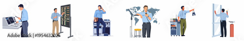 Flat vector illustrations of airport ground staff and air traffic controllers performing various duties like radar monitoring, scheduling, and communication in an aviation environment.