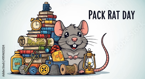 Happy cartoon mouse with big ears and pink nose surrounded by colorful clutter and gadgets on pack rat day