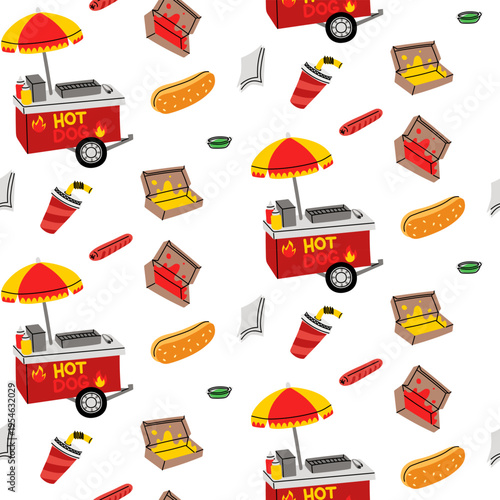 Flat seamless pattern with hot dog cart, fast food snacks, soda and mustard. Street food background for cafe menu, wrapping paper, textile or delivery service. Texture graphics