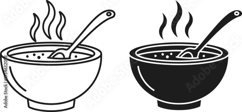 Hot soup bowl icon set with spoon and steam, simple food line and solid silhouette vector illustration isolated on white background for menu design