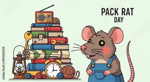 Cute cartoon mouse in overalls with stack of books and household items on pack rat day
