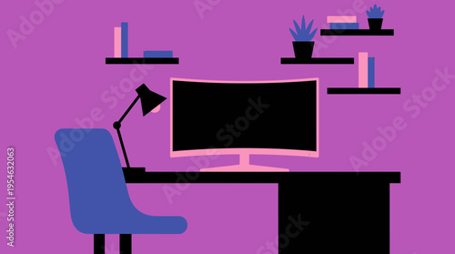 Minimalist illustration of a home office setup with a desk, computer monitor, lamp, chair, and shelves with books and plants against a purple wall.