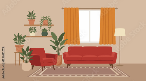 A cozy and modern living room interior featuring a red sofa, armchair, numerous potted green plants, a window with orange curtains, and a patterned rug.