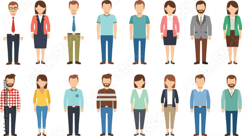 Illustrated collection of diverse male and female characters in professional and casual attire including suits, blazers, jeans, sweaters, and accessories for workplace and lifestyle concepts