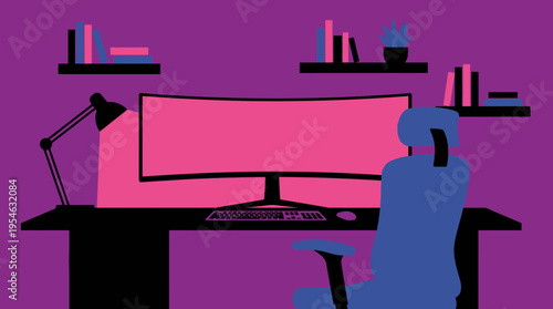 A modern home office setup with a large curved monitor, desk lamp, and ergonomic chair, featuring a vibrant purple and pink color scheme.