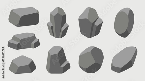 A collection of eight stylized grey rocks and stones in various shapes and sizes, including smooth, rounded, and angular crystalline forms, against a light background.