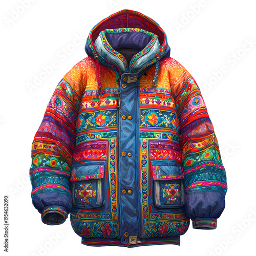 colorful ski jacket design without model, isolated white background  

