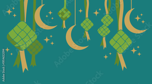 A vibrant teal background adorned with traditional green ketupat decorations, golden crescent moons, and sparkling stars, symbolizing Islamic festivities like Eid al-Fitr.