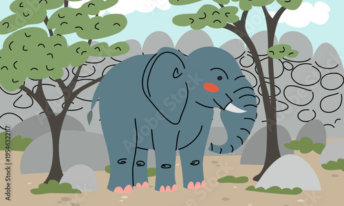 Flat illustration of a cute elephant character in a savanna landscape with stone wall zoo. Wild animal background for children book, zoo posters or nature banners. against of nature