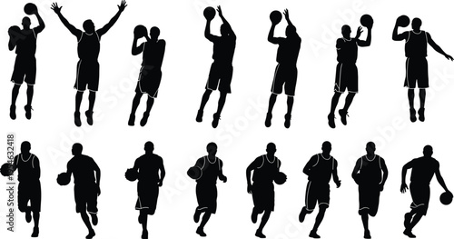 Silhouette collection of basketball players in dynamic action poses including dribbling, shooting, running, and jumping, sports illustration for athletic design, training, and motion concepts