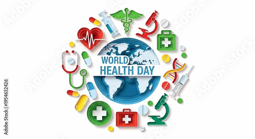 World health day icons surround globe with medical symbols and health related graphics