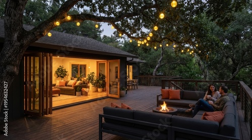 Cozy Outdoor Gathering on a Deck with Friends Around a Firepit Under Twinkling Lights