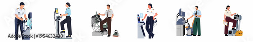 Flat illustration of diverse male and female airline pilots in uniform training with various flight simulators and cockpit equipment on white background.