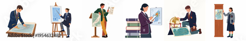 Students in Uniforms Studying Meteorology and Geography with Maps, Globes, and Scientific Tools in a Series of Educational Illustrations