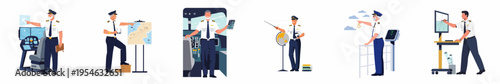 Flat Vector Illustrations of Airline Pilots Engaged in Navigation, Flight Planning, Training, and Cockpit Operations in Various Professional Aviation Scenarios