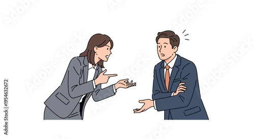 Illustration of a businesswoman presenting a graph to a displeased businessman in a formal setting with a white background.