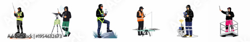 Set of professional drone pilot illustrations in different working scenarios with various equipment including remotes, tripods, and safety gear on white background.