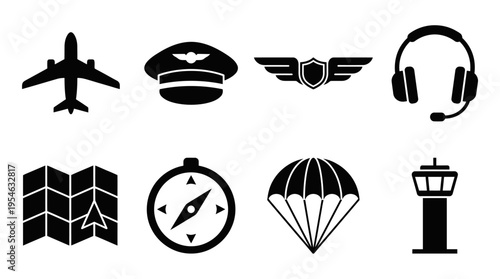 Aviation & Pilot Gear Vector Icon Set – Sleek Vectors Featuring Airplanes, Headsets, Maps, Parachutes, Compasses, Control Towers, Pilot Hats, and Wings