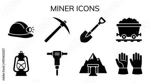 Mining & Excavation Gear Vector Icon Set – Tough Vectors Featuring Helmets, Pickaxes, Shovels, Ore Carts, Lanterns, Drills, Gloves, and Mountain Entrances