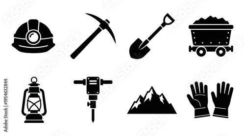 Mining & Excavation Gear Vector Icon Set – Tough Vectors Featuring Helmets, Pickaxes, Shovels, Ore Carts, Lanterns, Drills, Gloves, and Mountain Entrances