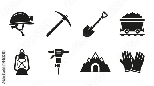 Mining & Excavation Gear Vector Icon Set – Tough Vectors Featuring Helmets, Pickaxes, Shovels, Ore Carts, Lanterns, Drills, Gloves, and Mountain Entrances