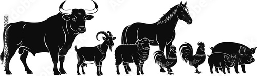 Silhouettes of farm animals including bull, goat, sheep, horse, rooster, hen, and pigs, perfect for agriculture design, livestock education, rural branding, and farming illustrations.
