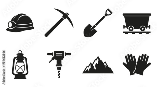Mining & Excavation Gear Vector Icon Set – Tough Vectors Featuring Helmets, Pickaxes, Shovels, Ore Carts, Lanterns, Drills, Gloves, and Mountain Entrances