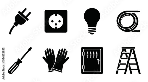 Electrical Tools & Safety Gear Vector Icon Set – Handy Vectors Featuring Plugs, Sockets, Light Bulbs, Wires, Screwdrivers, Gloves, Fuse Boxes, and Ladders