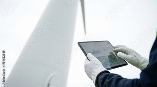 Technician examining data on tablet near wind turbine  