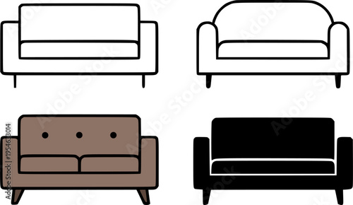 Couch set icon illustrations, in outline, silhouette and colored, for furniture or interior design