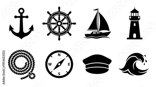 Maritime Navigation & Sea Travel Vector Icon Set – Nautical Vectors Featuring Anchors, Ship Wheels, Sailboats, Lighthouses, Ropes, Compasses, Captain Hats, and Waves