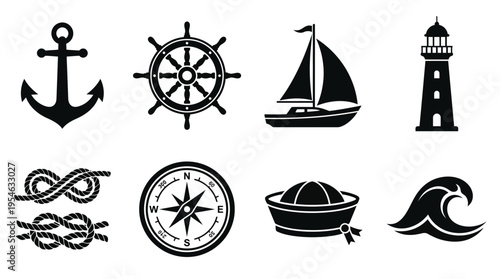 Maritime Navigation & Sea Travel Vector Icon Set – Nautical Vectors Featuring Anchors, Ship Wheels, Sailboats, Lighthouses, Ropes, Compasses, Captain Hats, and Waves