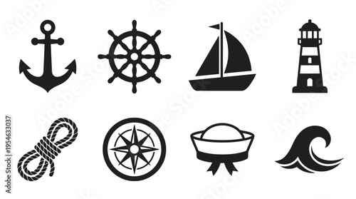 Maritime Navigation & Sea Travel Vector Icon Set – Nautical Vectors Featuring Anchors, Ship Wheels, Sailboats, Lighthouses, Ropes, Compasses, Captain Hats, and Waves