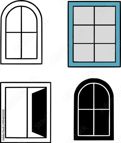 Window set icon illustrations, in outline, silhouette and colored design