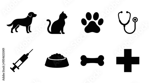 Veterinary Care & Pet Health Vector Icon Set – Caring Vectors Featuring Dogs, Cats, Paw Prints, Stethoscopes, Syringes, Pet Food Bowls, Bones, and Medical Crosses
