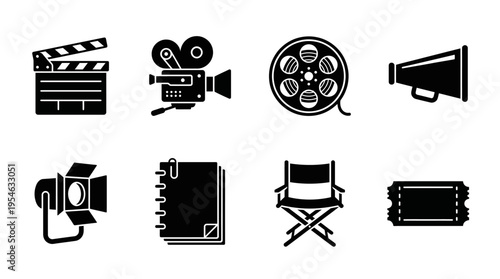 Film Production & Movie-Making Vector Icon Set – Dramatic Vectors Featuring Clapperboards, Cameras, Reels, Megaphones, Spotlights, Scripts, Director Chairs, and Tickets