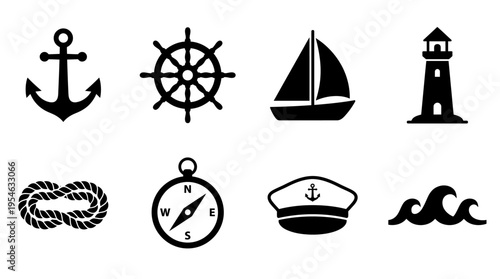 Maritime Navigation & Sea Travel Vector Icon Set – Nautical Vectors Featuring Anchors, Ship Wheels, Sailboats, Lighthouses, Ropes, Compasses, Captain Hats, and Waves
