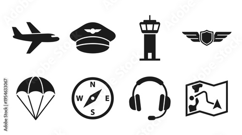 Aviation Navigation & Pilot Gear Vector Icon Set – Sleek Vectors Featuring Airplanes, Captain Hats, Control Towers, Wings, Parachutes, Compasses, Headsets, and Maps