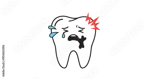 Illustration of a tooth with a sad face and pain symbols on a white background.