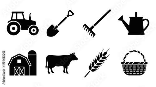 Farming & Agricultural Tools Vector Icon Set – Rustic Vectors Featuring Tractors, Shovels, Rakes, Watering Cans, Barns, Cows, Wheat Stalks, and Baskets