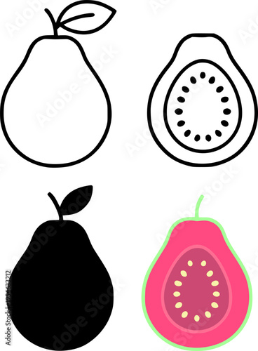 Guava icon set illustration, in outline, silhouette and colored, for fruit or food designs