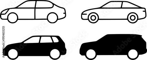 Car set icon illustrations, in outline and silhouette design