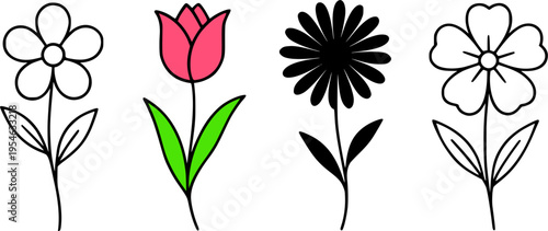 Flower icon set illustrations, in outline, silhouette and colored, for plant or botanical designs