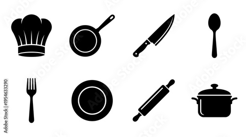 Cooking & Kitchen Tools Vector Icon Set – Culinary Vectors Featuring Chef Hats, Frying Pans, Knives, Spoons, Forks, Plates, Rolling Pins, and Pots
