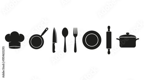 Cooking & Kitchen Tools Vector Icon Set – Culinary Vectors Featuring Chef Hats, Frying Pans, Knives, Spoons, Forks, Plates, Rolling Pins, and Pots